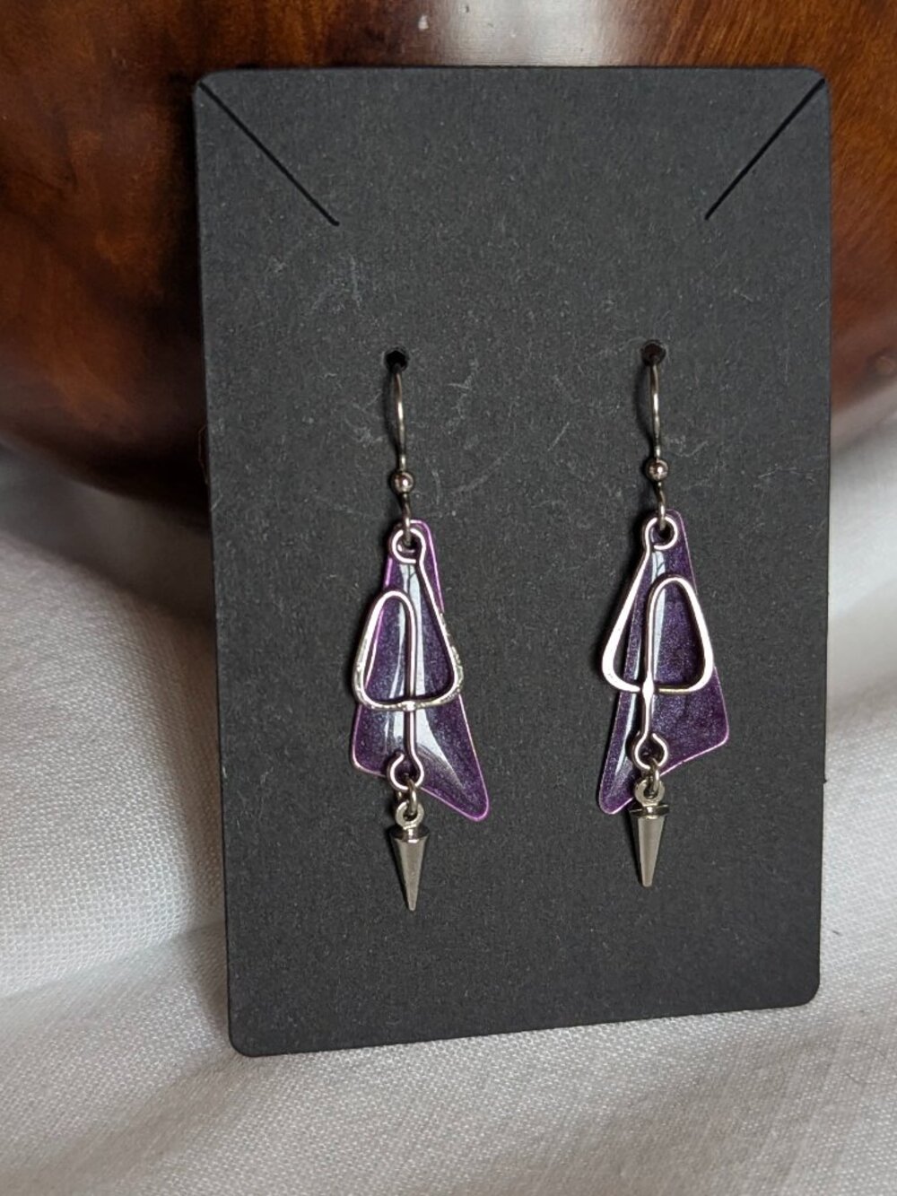 Purple Enamel with Silver Spiral Dangle Earrings